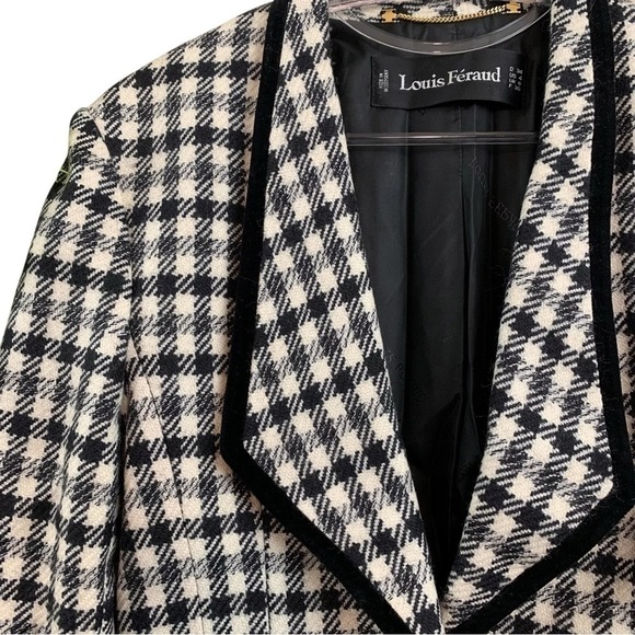Louis Feraud Wool Gingham Plaid Velvet Trim Buttoned Blazer Jacket Black Ivory 4 - Picture 4 of 8